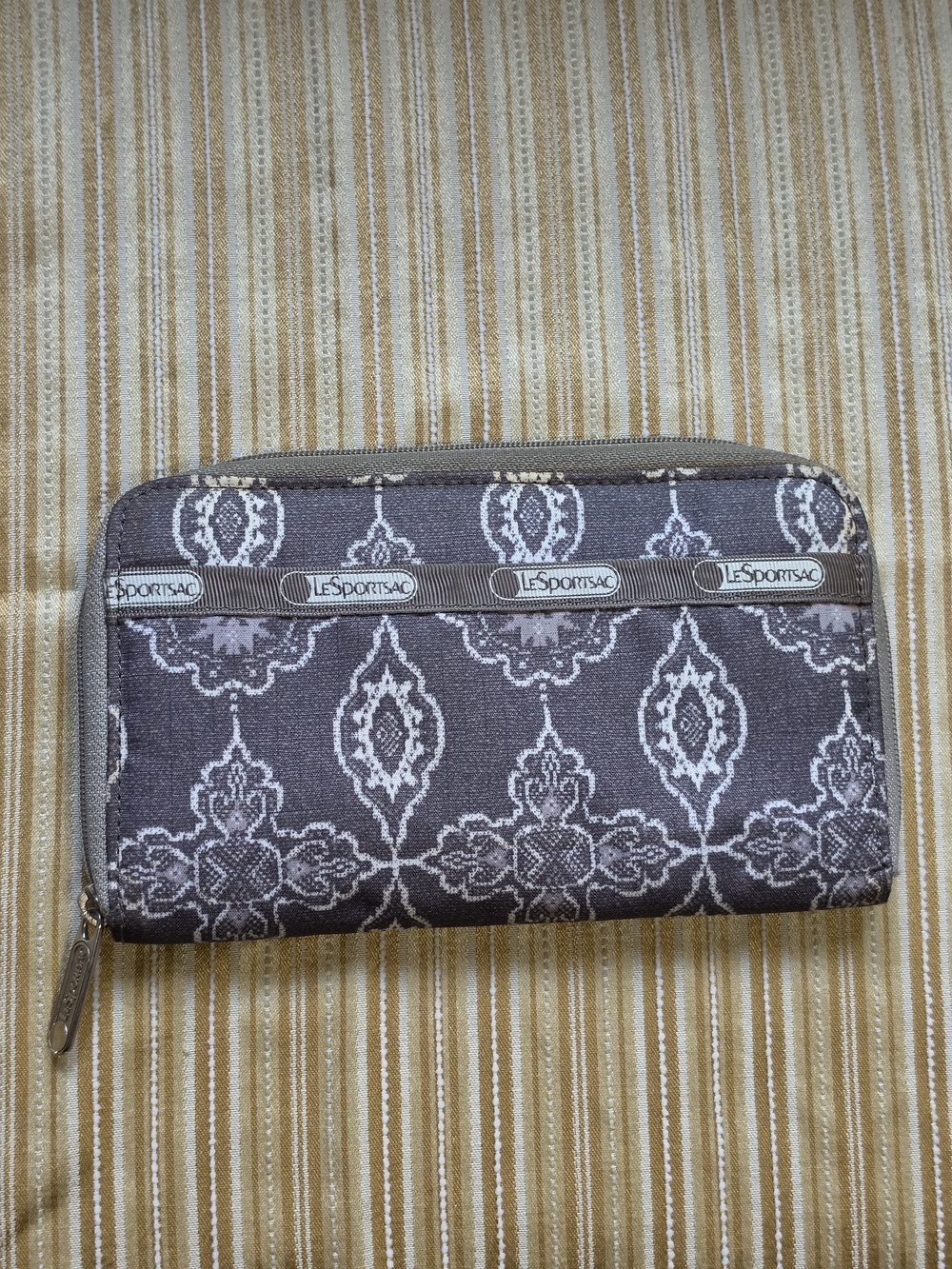 LeSportsac Gray and White Damask Zip Wallet
